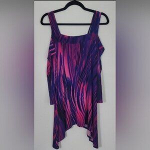 Clara Sun Woo Cold Shoulder Tunic Top Size L Pink Purple Stretch Asymmetrical